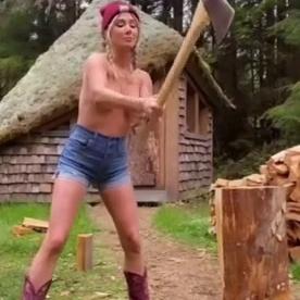 Sara Jean Underwood Topless Wood Chopping